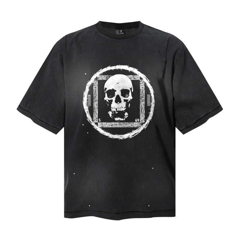 Saint Michael T Shirts Acid Washed Distressed Circle Frame Skull Grunge Graphic Short Sleeve Tee