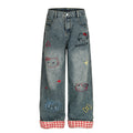 American-style streetwear harem pants Cute Cartoon Cat Stitched Roll Hem Denim