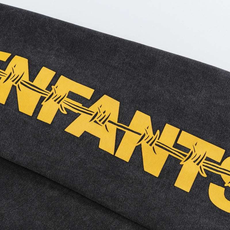 ERD Hoodie Distressed Stone Wash Top Multi-Panel Yellow Barcode Text & Schematic Artwork