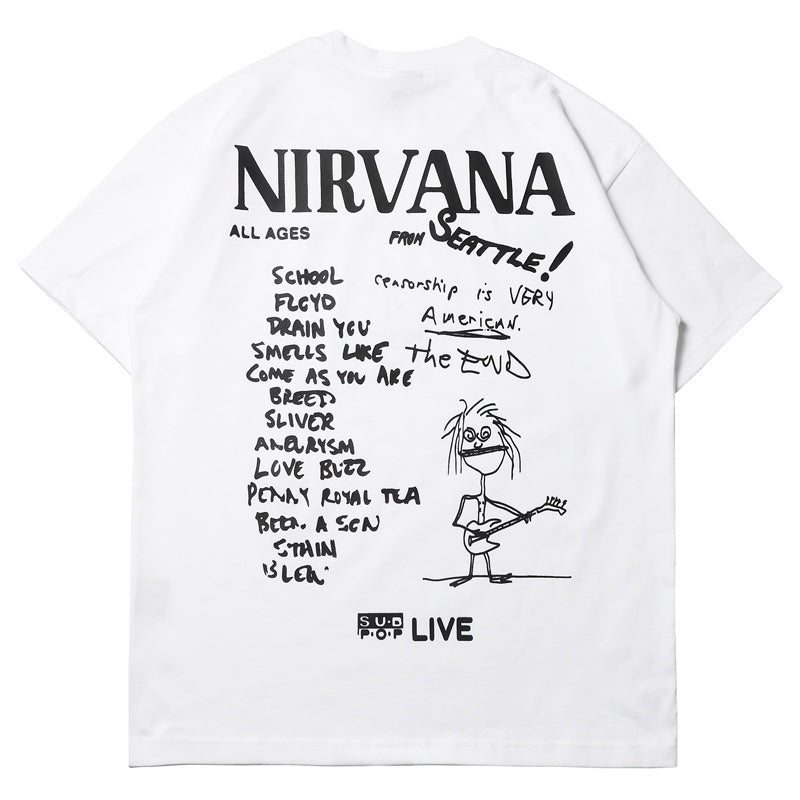 Mens T-shirt Vintage American-style trendy brand vintage rock Nirvana hand-drawn graffiti design