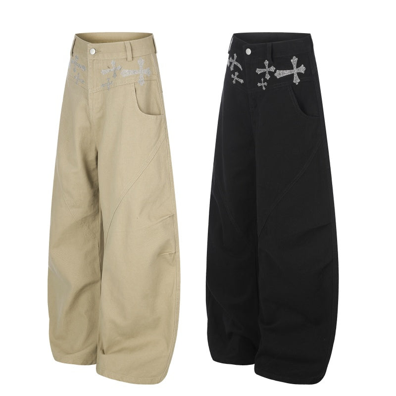 American-style streetwear harem pants Waist Cross Crystal Detail Draped Curved Pants