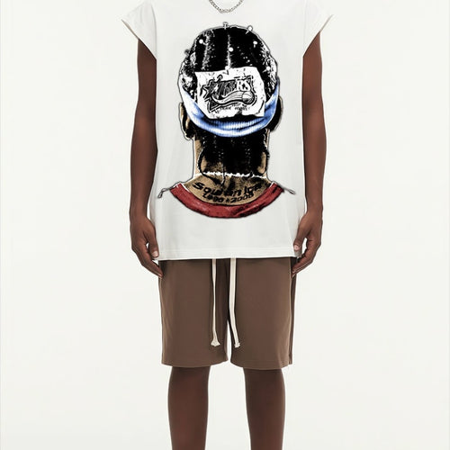 BIG FACE Drop-Shoulder Tank Top High-street vintage style featuring a small neckline, white-ink digital direct-to-garment (DTG) printing, and a heavy-duty, distressed wash finish; crafted from 260g double-yarn plain-knit fabric.