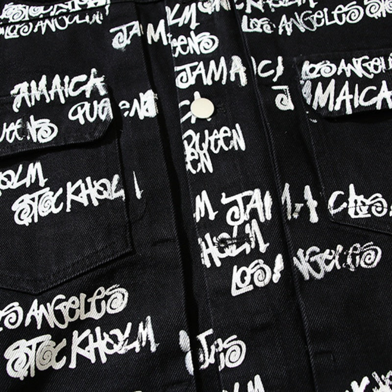 American-style baseball jacket Stu x Tears American High-Street Collaboration: Denim Jacket Featuring All-Over "Barrage" Text Print and Embroidered Cotton Boll Motifs.