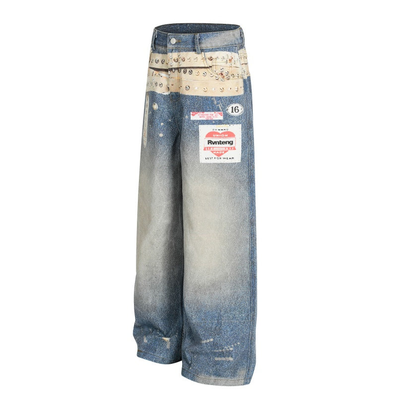 American-style streetwear harem pants Studded Belt Patch Gradient Wide Denim