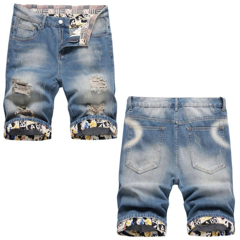 Denim shorts High-quality trendy Distressed with holes casual pure cotton Non-stretch plus-size men's clothing