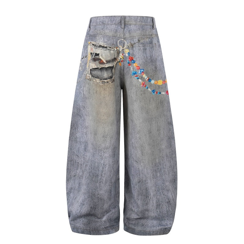 American-style streetwear harem pants Bunny Graphic Beaded Chain Washed Denim