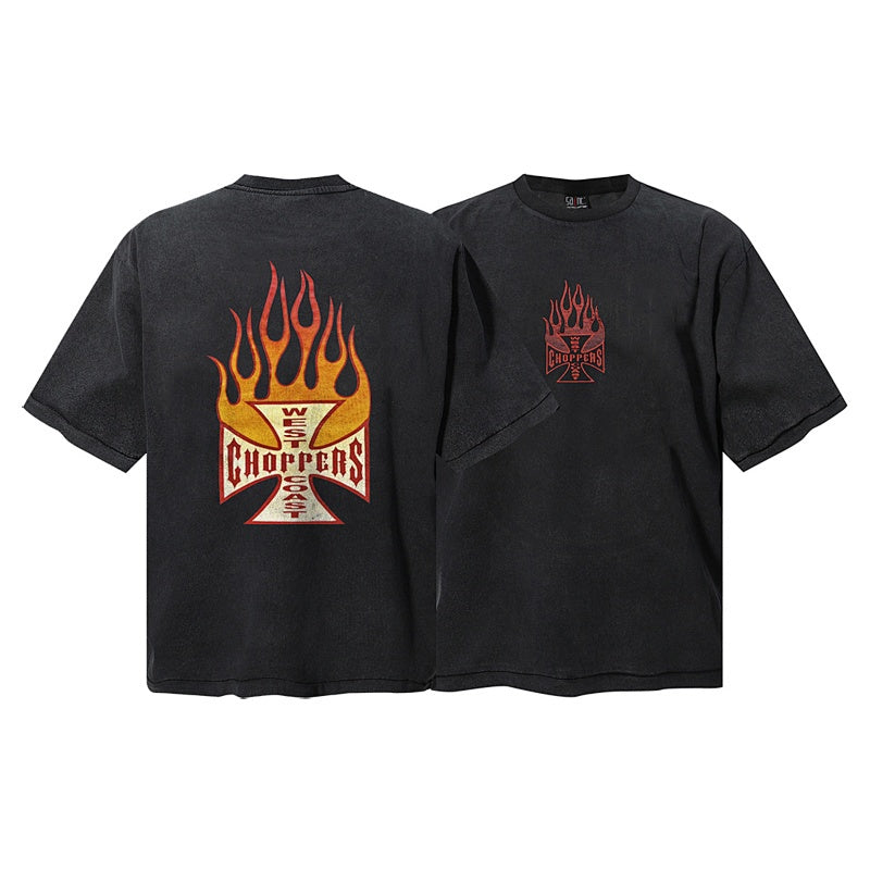 Saint Michael T Shirts  Retro Gradient Flame Iron Cross Double Sided Print Biker Casual
