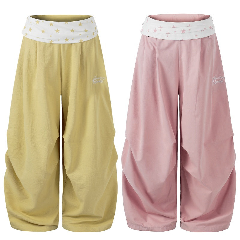 American-style streetwear harem pants Sweet Solid Tone Star Flip Waist Casual Pants