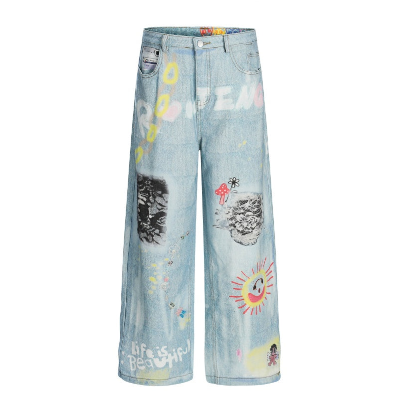 American-style streetwear harem pants Colorful Doodle Art Washed Baggy Denim