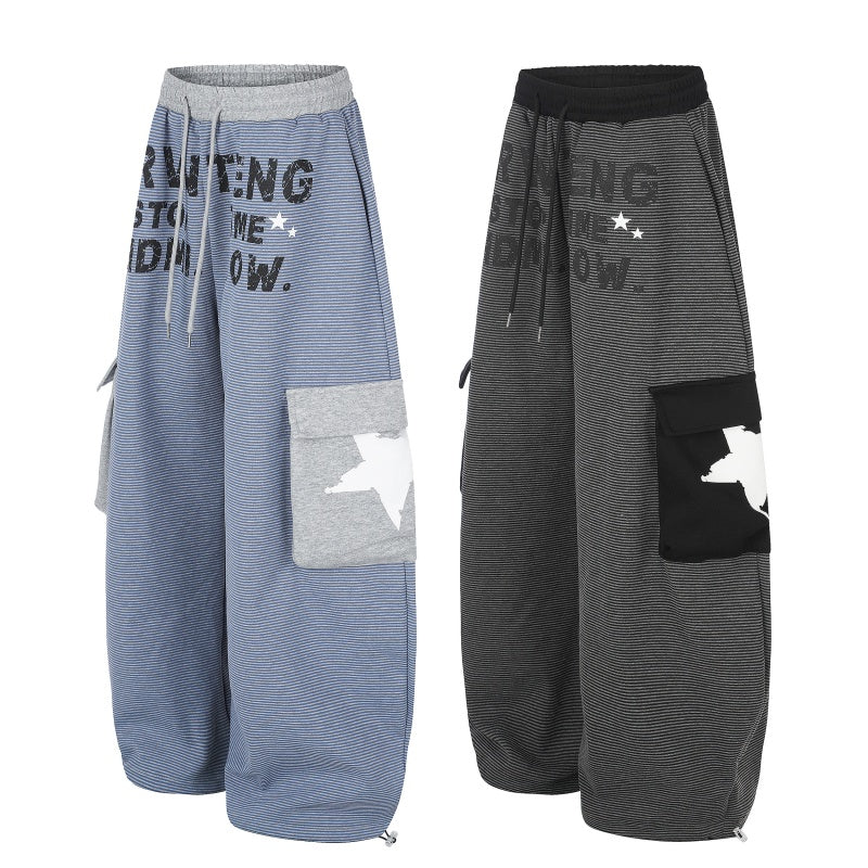 American-style streetwear harem pants Striped Contrast Pocket Baggy Cargo Bottoms