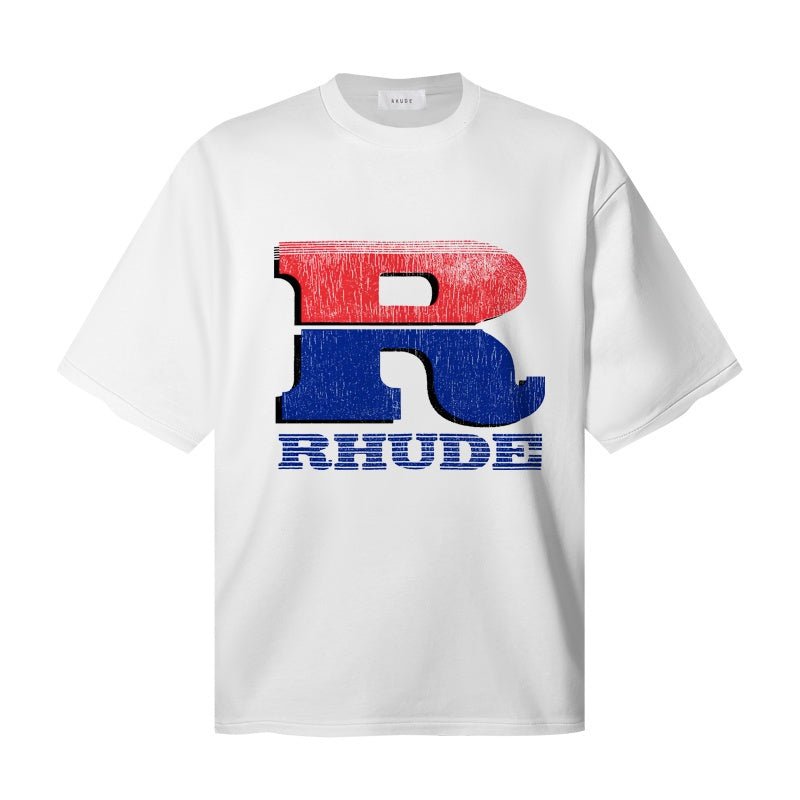 RHUDE T Shirts Distressed Stacked‑R Retro‑Color Typography