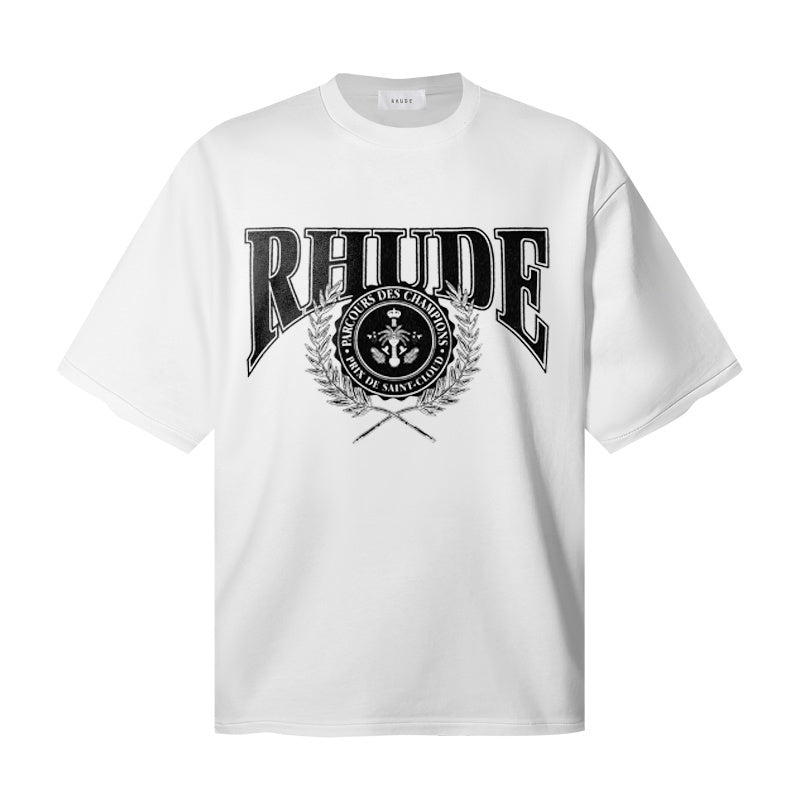 RHUDE T Shirts Distressed Rhude College Motif