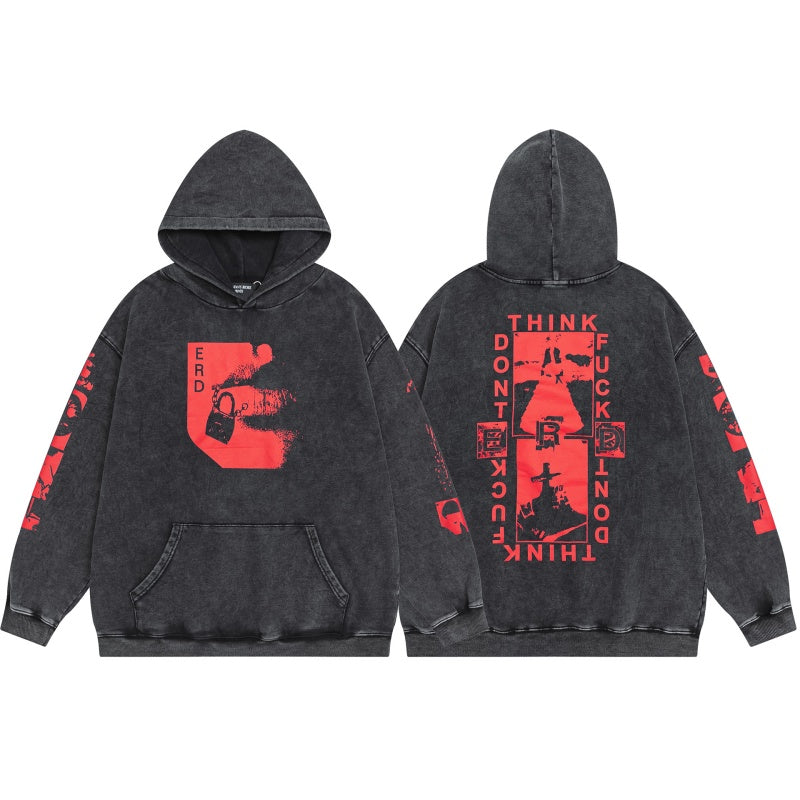 ERD Hoodie Stone Washed Dark Layer Front Red Geometric Figure Print Sleeve & Back Vertical Text Graphics