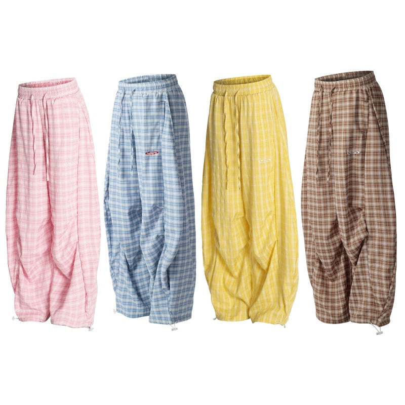 American-style streetwear harem pants Drawstring Waist Checkered Trousers