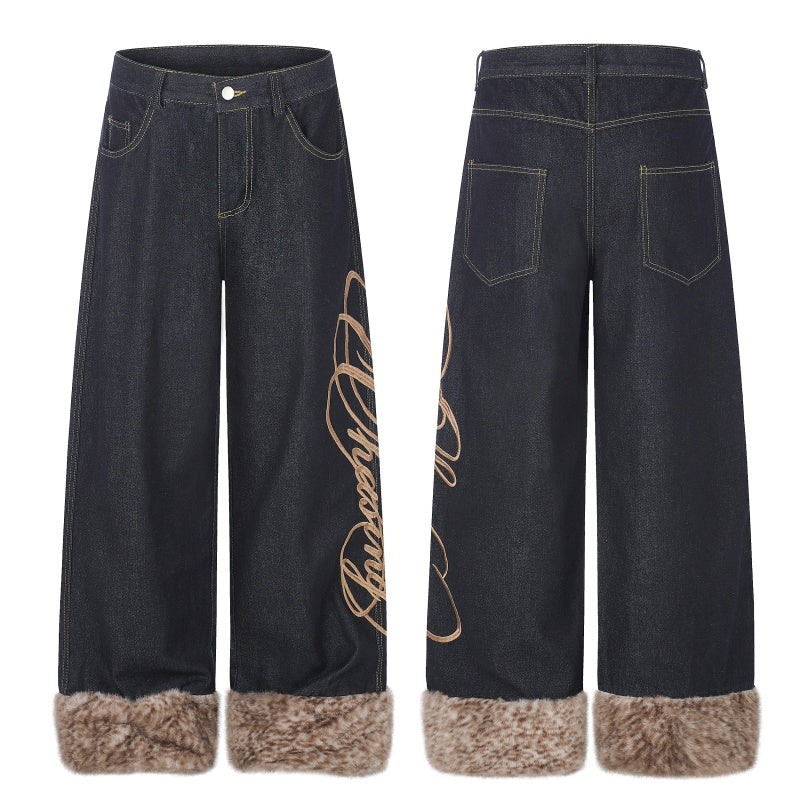 American-style streetwear harem pants Cursive Script Fur Cuff Wide Denim