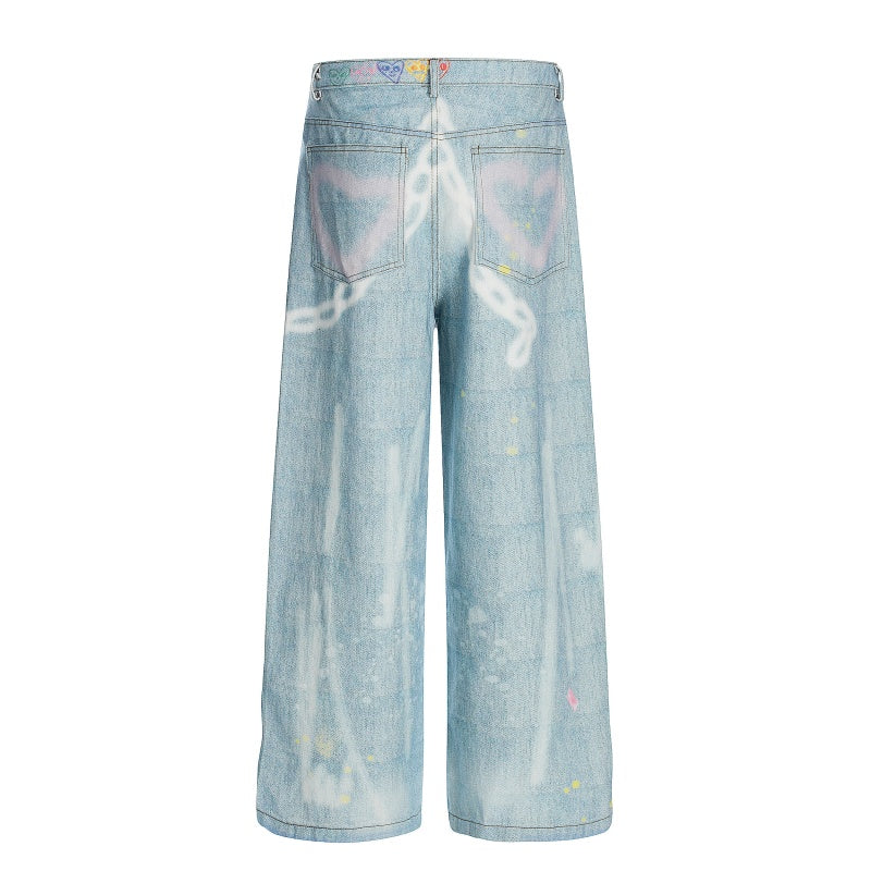 American-style streetwear harem pants Colorful Doodle Art Washed Baggy Denim