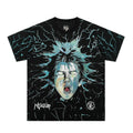Vintage-style American T-shirt Cracked Teal Lightning Human‑to‑Skull Print