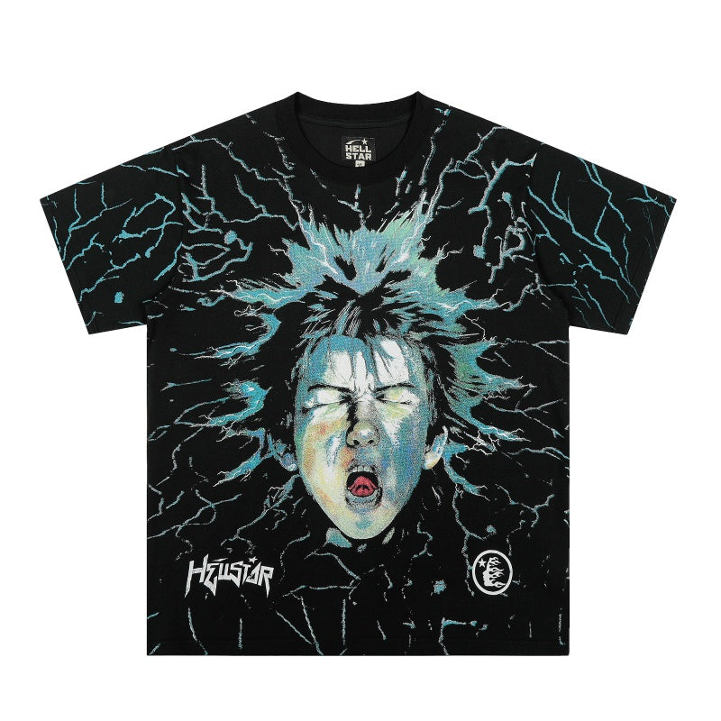 Vintage-style American T-shirt Cracked Teal Lightning Human‑to‑Skull Print