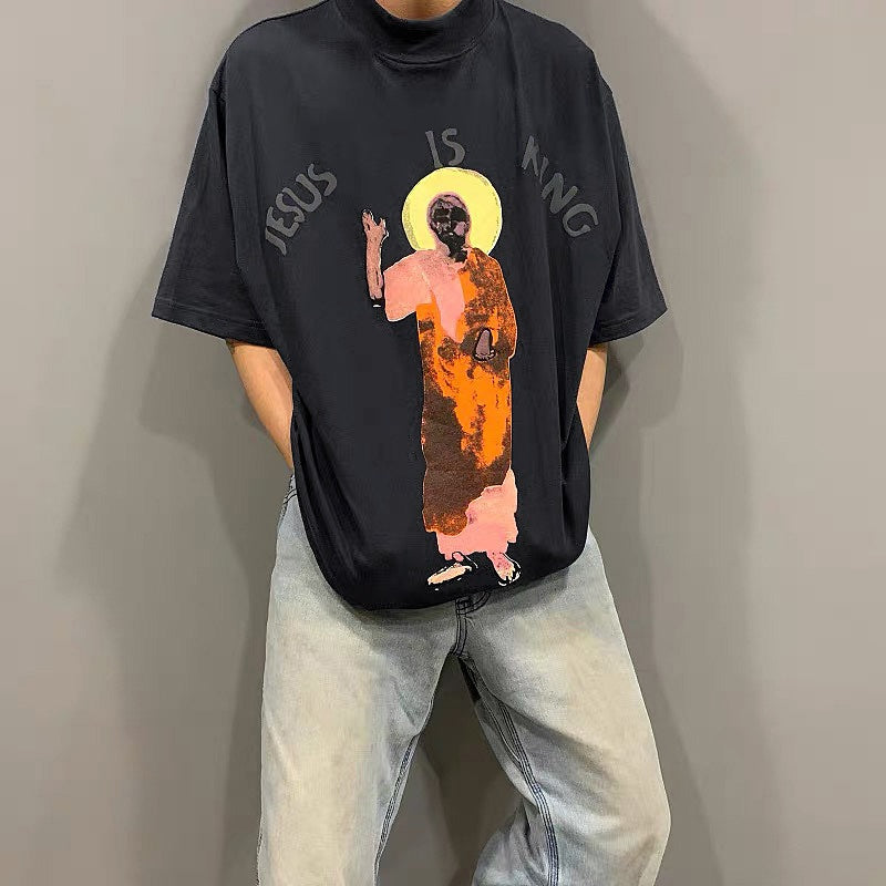 Mens T-shirt Vintage American-style Kanye-style oversized drop-shoulder tee with "Jesus/God" puff print.