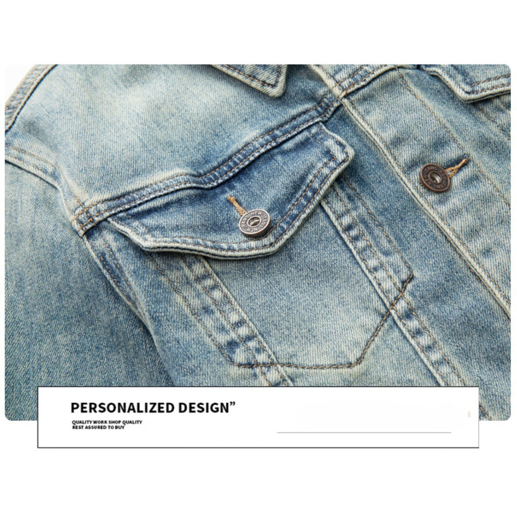 Denim Jacket & Jeans High-Street Trend Retro Casual Matching Distressed Denim Trucker Jacket and Slim-Fit Pants Outfit(jacket and jeans must be purchased separately.)