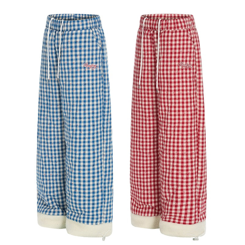 American-style streetwear harem pants Red & Blue Check Plush Lined Wide Cotton-padded trousers