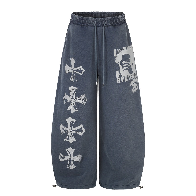 American-style streetwear harem pants Faded Cross Graphic Loose Sweat Trousers