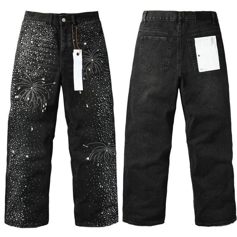 Purple brand Jeans High-quality pure cotton streetwear trousers Rhinestone-embellished loose straight-leg trousers