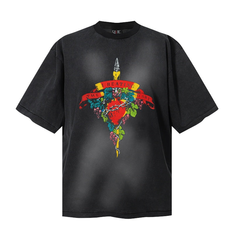 Saint Michael T Shirts Colorful Floral Sacred Heart Blade Red Banner Gothic Tattoo Style Print Art