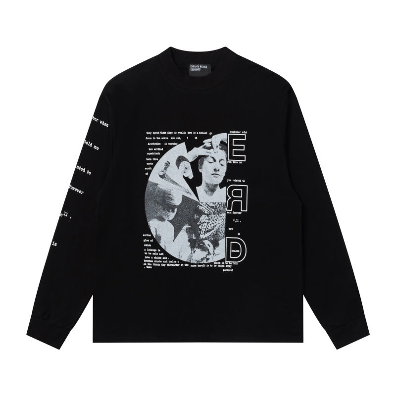 ERD Long sleeved shirt  Multi-Position Distressed Print Circular Portrait & Vertical Letter Motif