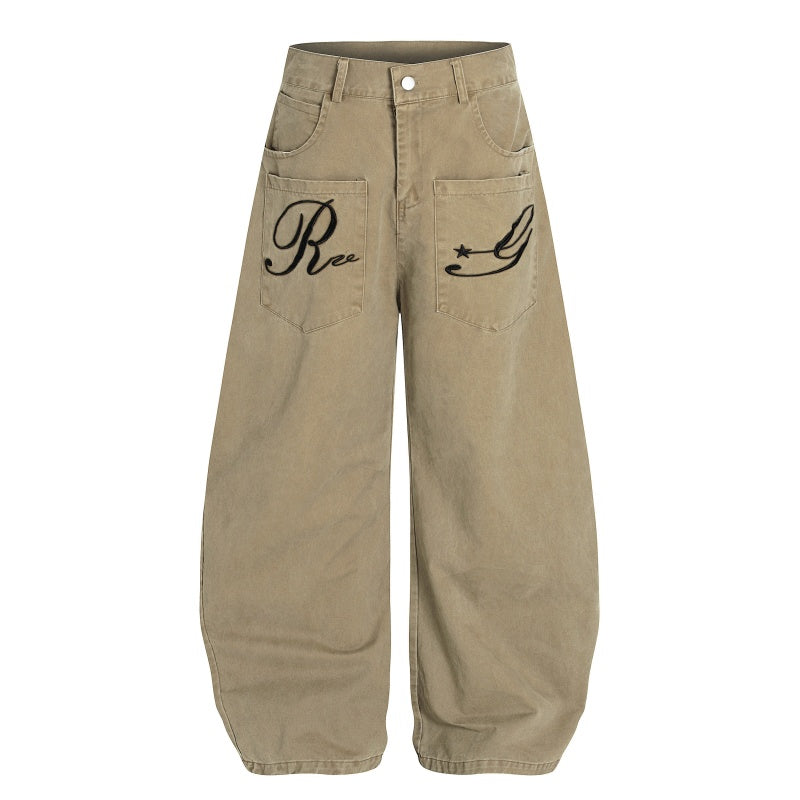 American-style streetwear harem pants Retro Khaki & Olive Script Embroidered Relaxed Bottoms
