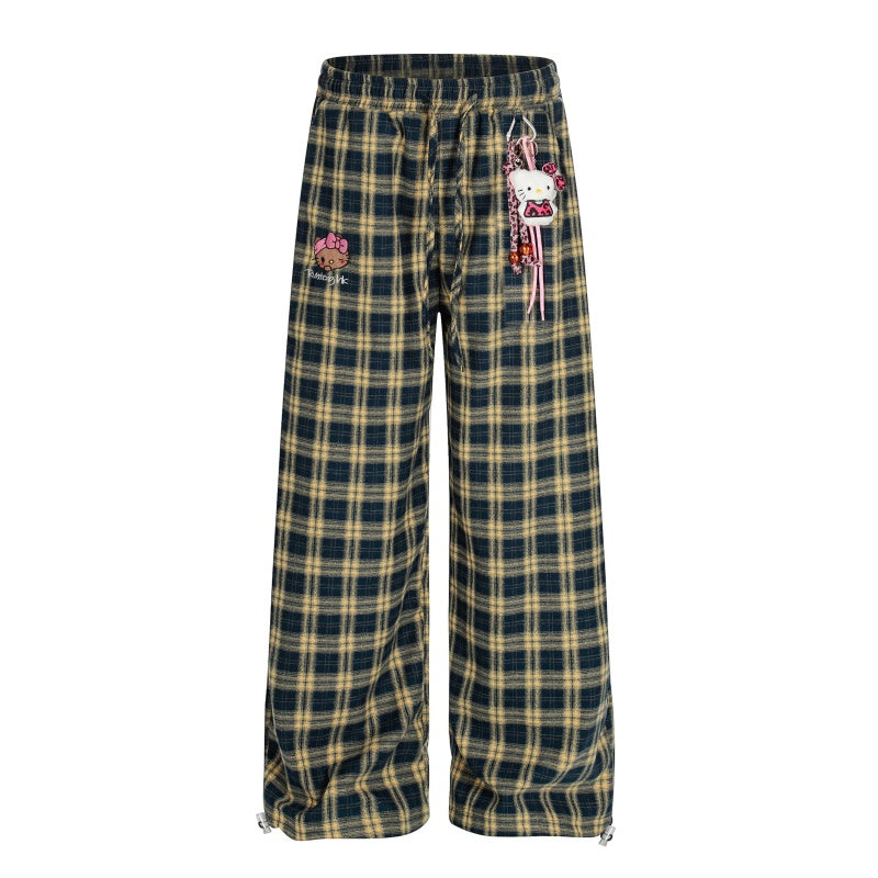 American-style streetwear harem pants Retro Plaid Kitty Embroidered Drawstring Trousers