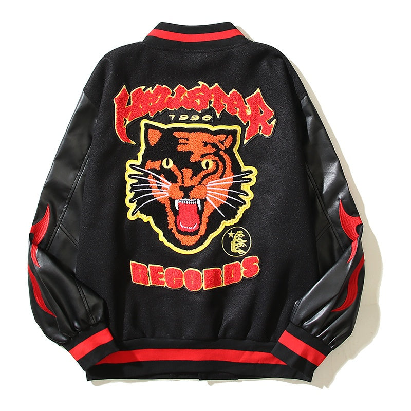 American-style baseball jacket High-street style "HELL" tiger-motif varsity jacket featuring color-blocking, contrast paneling, and embroidery—an Instagram-trending design.