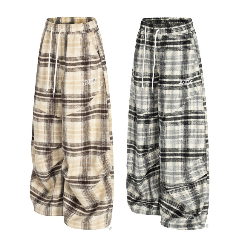 American-style streetwear harem pants Crinkled Plaid Relaxed Wide Cut Garment