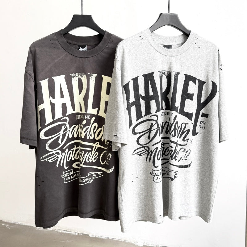 Unisex Vintage T Shirts Saint X BerBerJin X Harley three-way collaboration. Heavyweight 280g fabric (post-wash weight). Vintage construction featuring single-stitch and blind-stitch detailing. Finished with heavy-duty "monkey-style" spray distressing