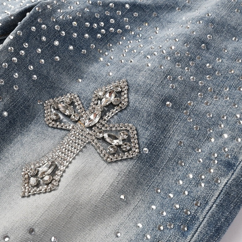 Purple brand Jeans High-quality pure cotton streetwear trousers Rhinestone cross
