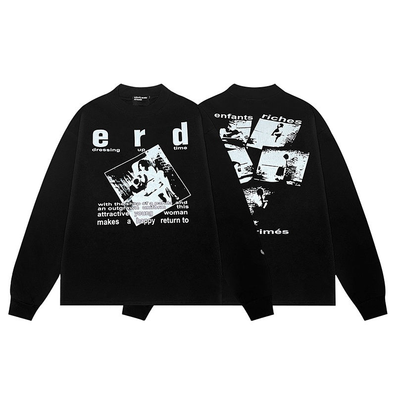 ERD Long sleeved shirt  Monochrome Fragmented Image Long Sleeve Front Text Portrait Design