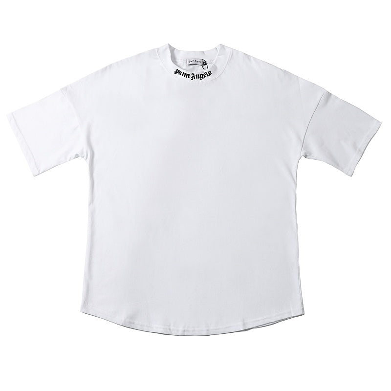 Mens T-shirt Vintage American-style Loose-fitting top with a unique collar design and print.