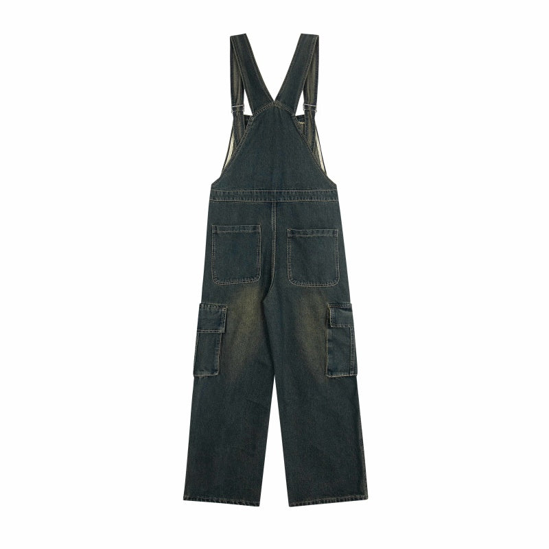 Street-style vintage jeans Women Overalls Y2K Vintage Denim Cargo Overalls with Lace-Up Waist and Cartoon Embroidery