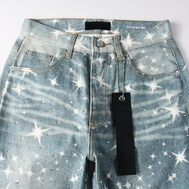Purple brand Jeans High-quality pure cotton streetwear trousers Rhinestone-embellished loose straight-leg trousers
