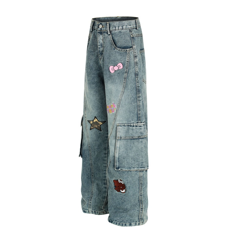 American-style streetwear harem pants Cute Bow Star Graphic Baggy Cargo Denim