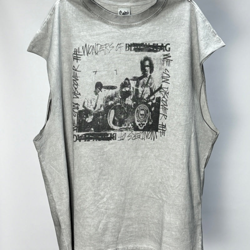 Unisex Vintage T Shirts Black Flag Limited Edition Washed Tank Top — Custom heavyweight brushed fabric with a vintage feel; unique cement-grey finish; white ink direct-to-garment print.