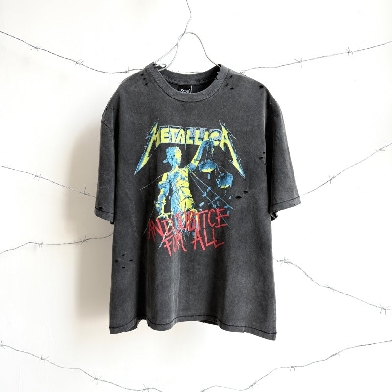 Unisex Vintage T Shirts Saint × BerBerJin × Metallica three-way collaboration washed short-sleeve tee. Features vintage single-stitch construction, heavy enzyme-wash finish, and distressed "cut-and-tear" detailing across multiple areas.
