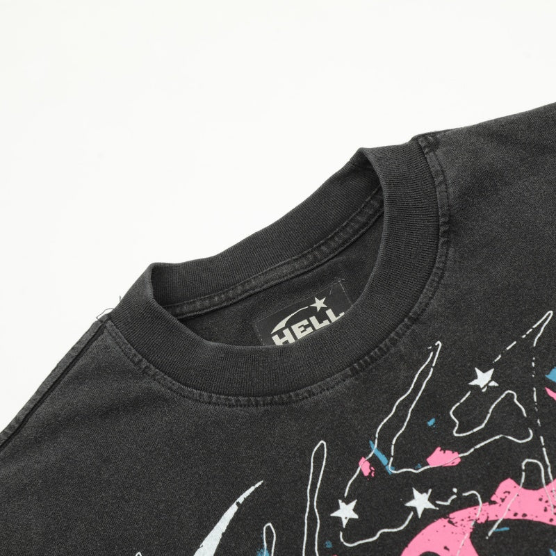 Vintage-style American T-shirt Faded Black Acid Wash Chaos Skull Art