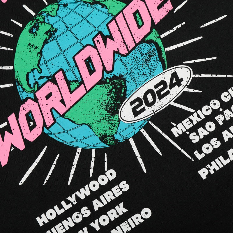Vintage-style American T-shirt Bold Pink Script Global Scene Design