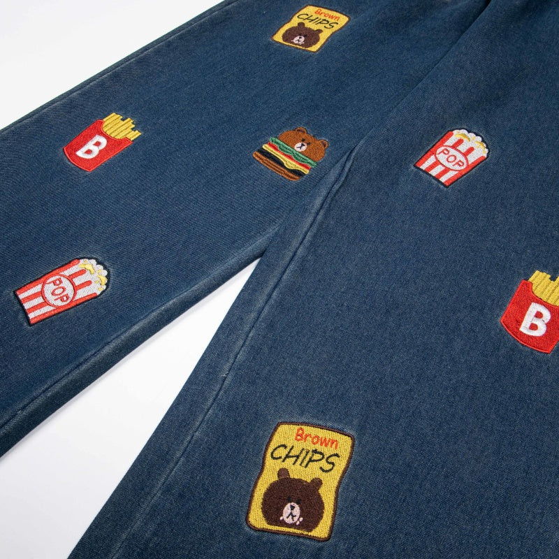 Street-style vintage jeans Retro Casual Loose Fit Straight Leg Jeans with Cute Bear Snacks Embroidery