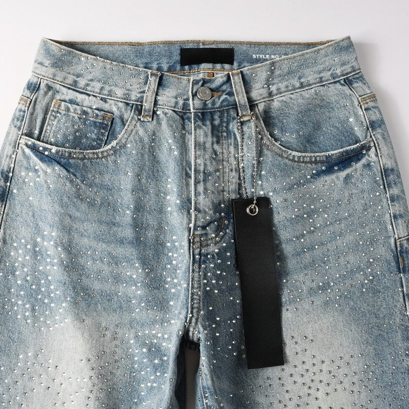 Purple brand Jeans High-quality pure cotton streetwear trousers Rhinestone-embellished loose straight-leg trousers