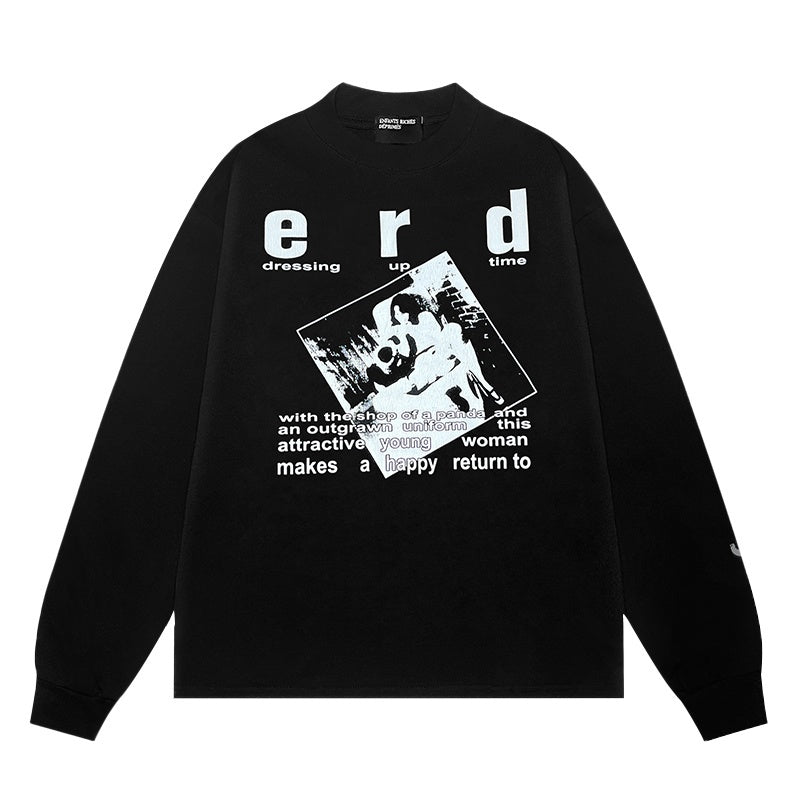 ERD Long sleeved shirt  Monochrome Fragmented Image Long Sleeve Front Text Portrait Design