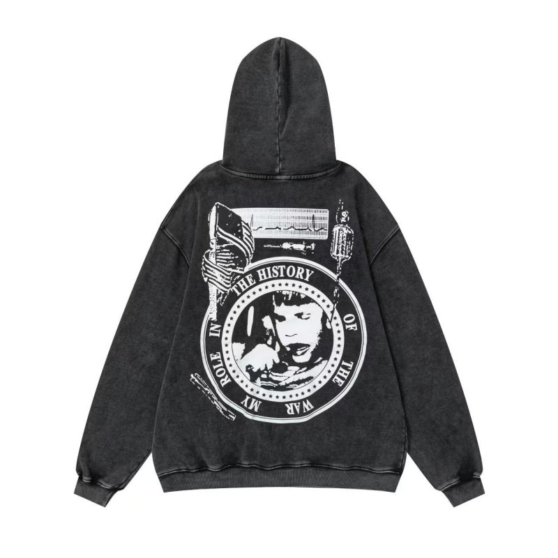 ERD Hoodie Acid Washed Black Pullover Front Letter Graphic Back Circular Portrait Print