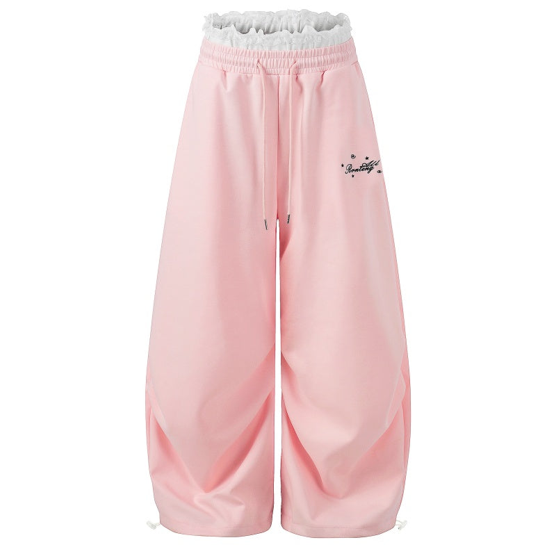 American-style streetwear harem pants Frill Waist Script Print Loose Curved Trousers