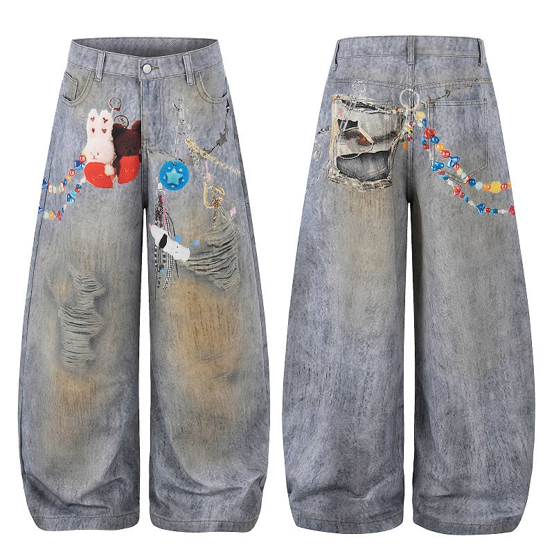American-style streetwear harem pants Bunny Graphic Beaded Chain Washed Denim